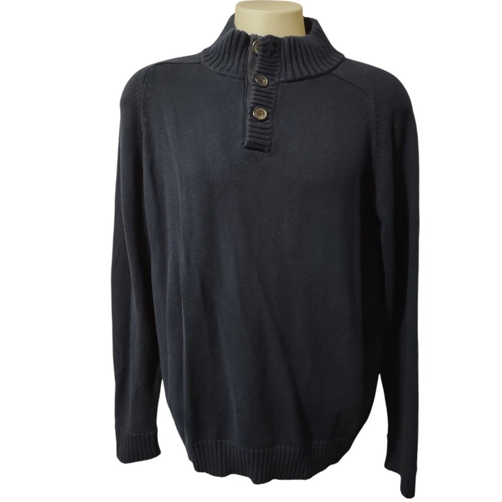 J.CREW Henley Knit Sweater Mens XL Navy Blue 100 Cotton Pullover Raglan 3 Button